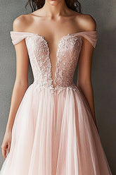 Rosa Schulterfreies Langes Ballkleid aus Tüll Spitze
